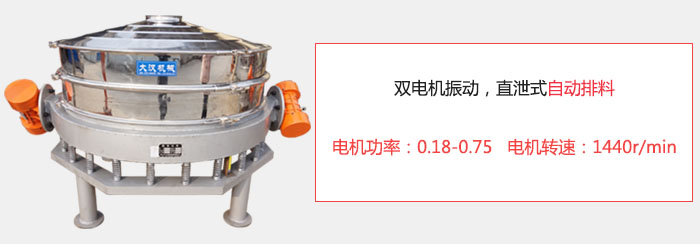 雙電機振動，直泄式自動排料電機功率：0.18-0.75   電機轉(zhuǎn)速：1440r/min。