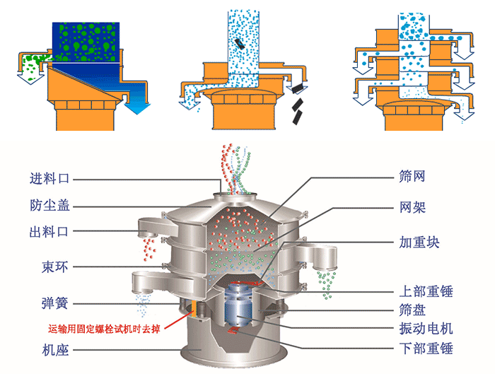 不銹鋼旋振篩結(jié)構(gòu)展示：篩網(wǎng)，出料口，束環(huán)，彈簧，防塵蓋，機(jī)座等
