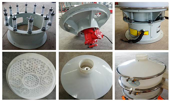 塑料振動(dòng)篩彈簧底座安裝，振動(dòng)電機(jī)安裝，篩網(wǎng)，防塵蓋等安裝圖片展示